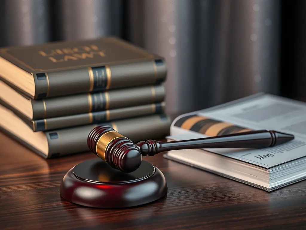 A close-up of professional law books and a gavel on a dark w