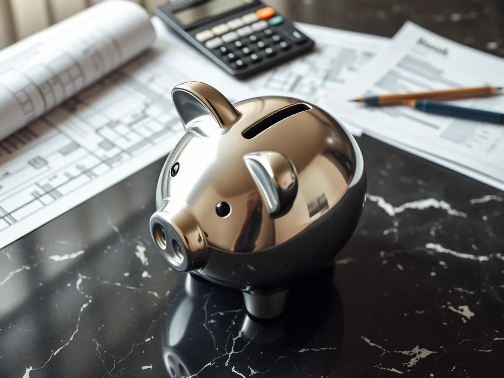 High-angle shot of a sleek silver piggy bank on a dark grani